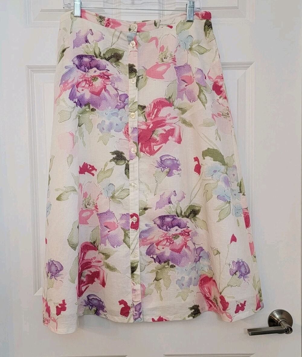 Chaps VTG Y2K Floral Linen Cotton A-Line Midi Skirt Button Front Sz 10 Pink